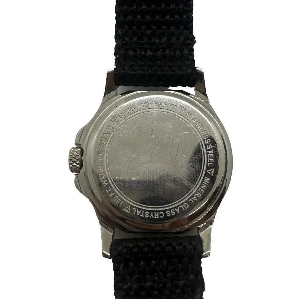 Dakota Round Stainless Steel Watch Canvas Black Band Mineral Glass Crystal 3 ATM